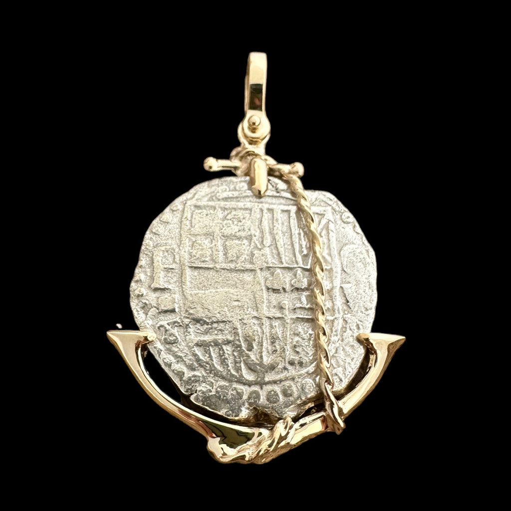 Authentic Atocha Shipwreck Coin grade 1 in 14K Anchor Mount