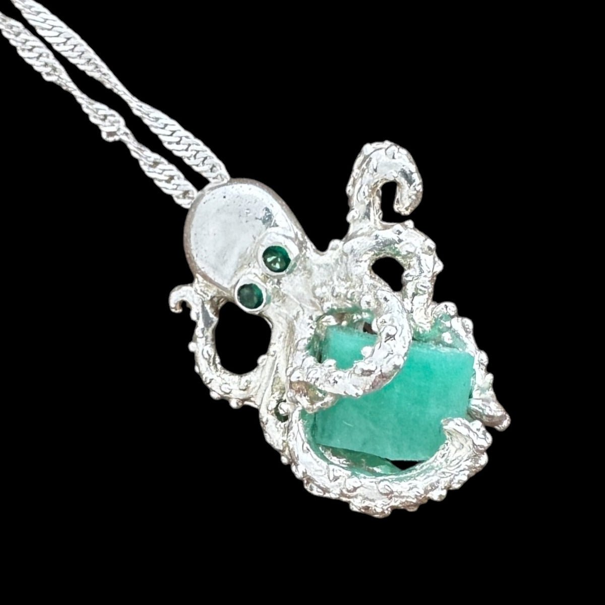 Large Uncut Colombian Emerald Sterling Silver Octopus Pendant | MFST