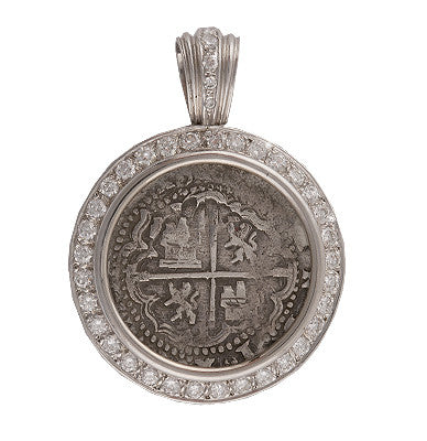 Authentic Atocha Grade 1, 2 Reales Coin Pendant in 14K White Gold with 2.08 Carat Diamond  Mount, Shipwreck Coin