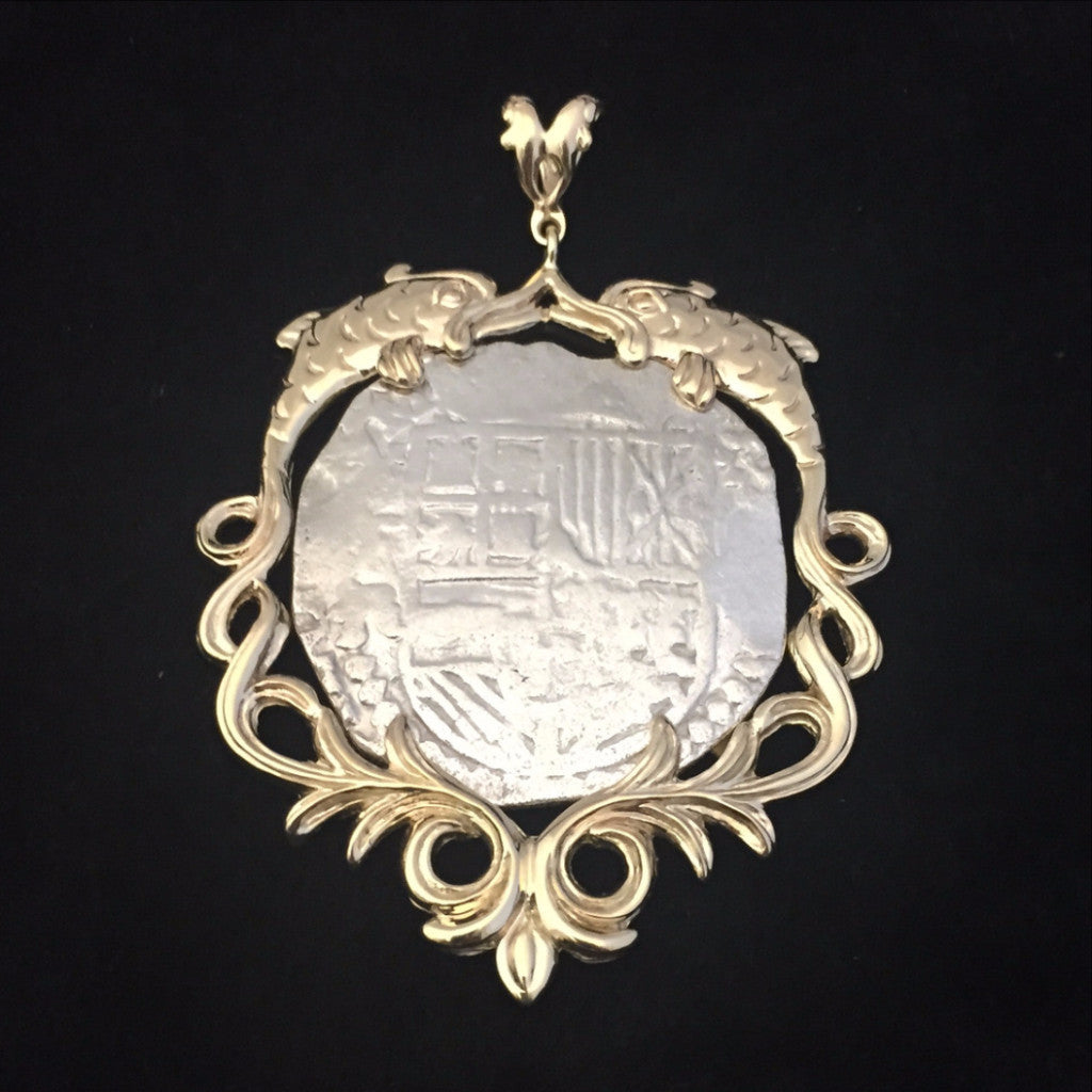 Authentic Atocha Silver Coin, Grade 1, 8 Reales, Mounted in 14K Gold 