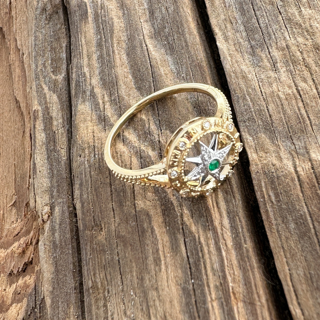 14K Gold Compass Rose Ring with Emerald & Diamonds | Nautical Jewelry ...