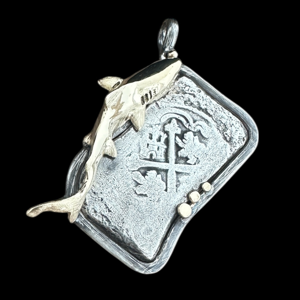 1715 Shipwreck Coin Pendant in Silver and 14k with a shark, Grade 1, 8 Reales #1715-24552