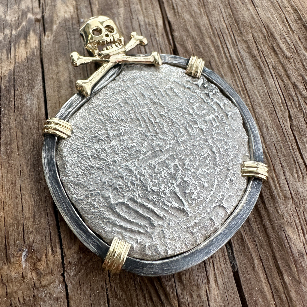 Authentic Margarita Grade 3, 8 Reales in SS/14K Gold Mount with Skull and Crossbones