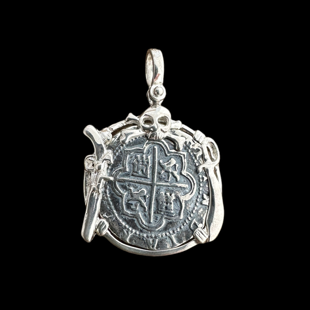 Atocha Re-creation Coin Pendant in Sterling Silver Mount with Skull and Crossbones