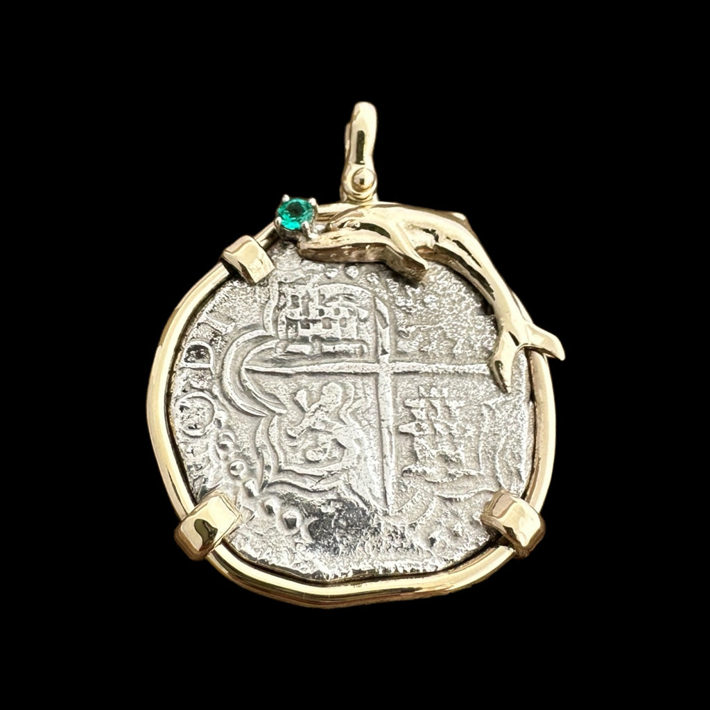 Authentic Atocha Rare Silver, Grade 1, 4 Reales mounted in 14K Gold Mount with 0.16CT Emerald.