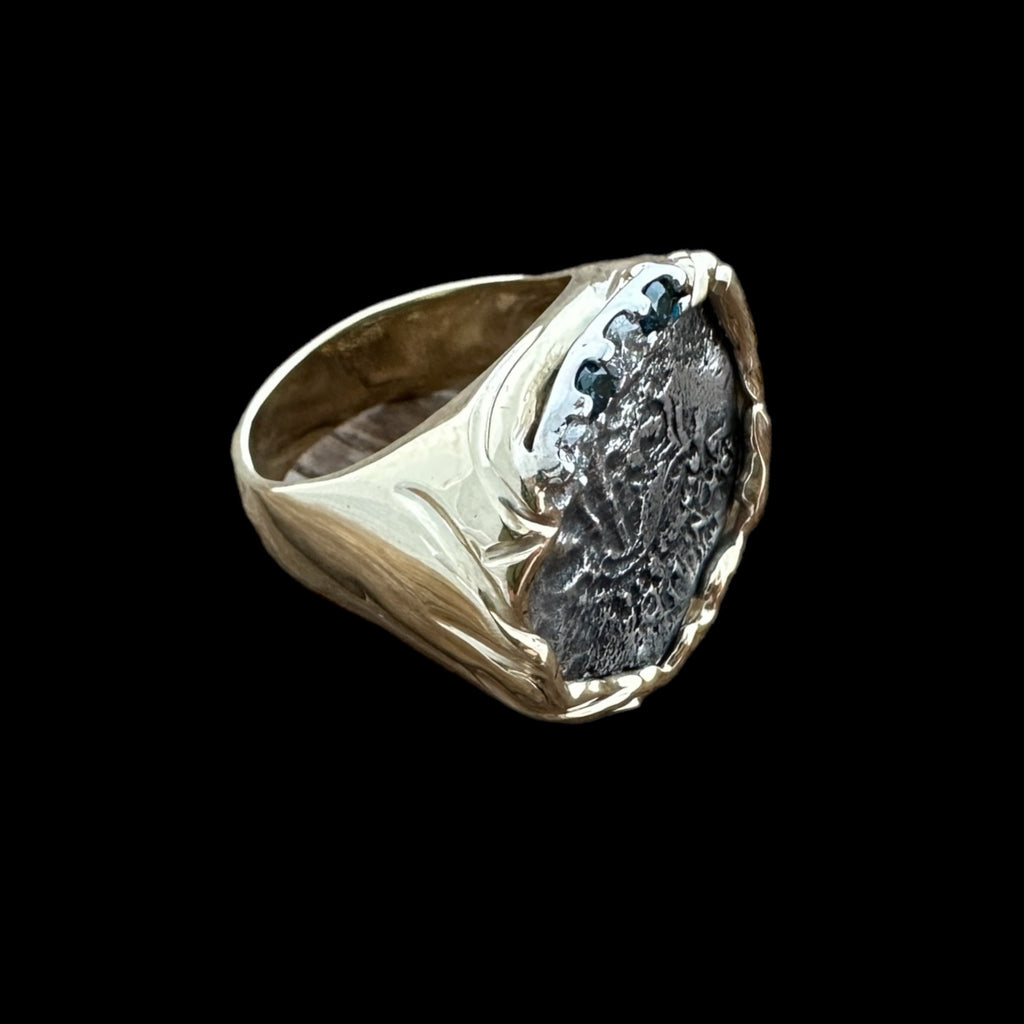 Authentic Atocha Grade 4, 2 Reales set in 14K Gold Ring with 0.28CT white and blue diamonds