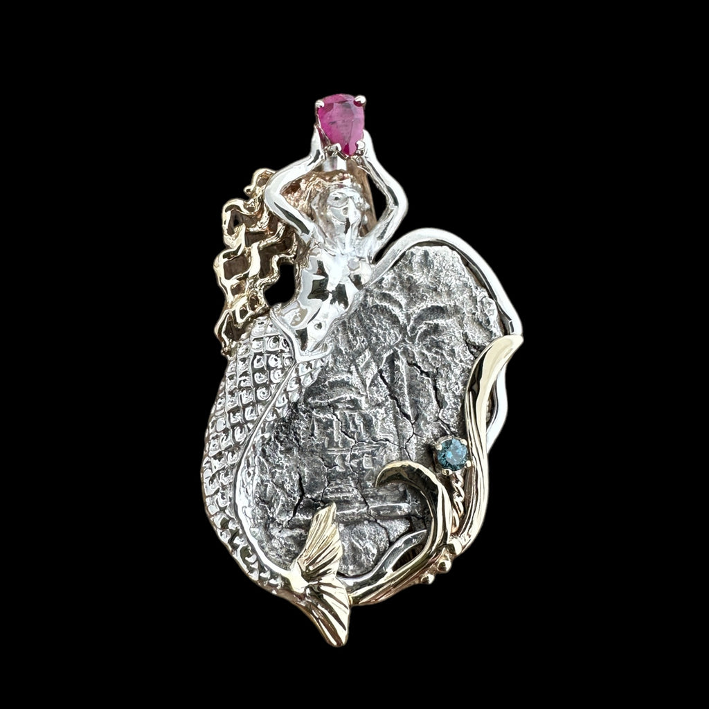 Authentic Atocha Grade 4, 8 Reales in Sterling Silver and 14K Gold Mount with Ruby and Blue Diamond
