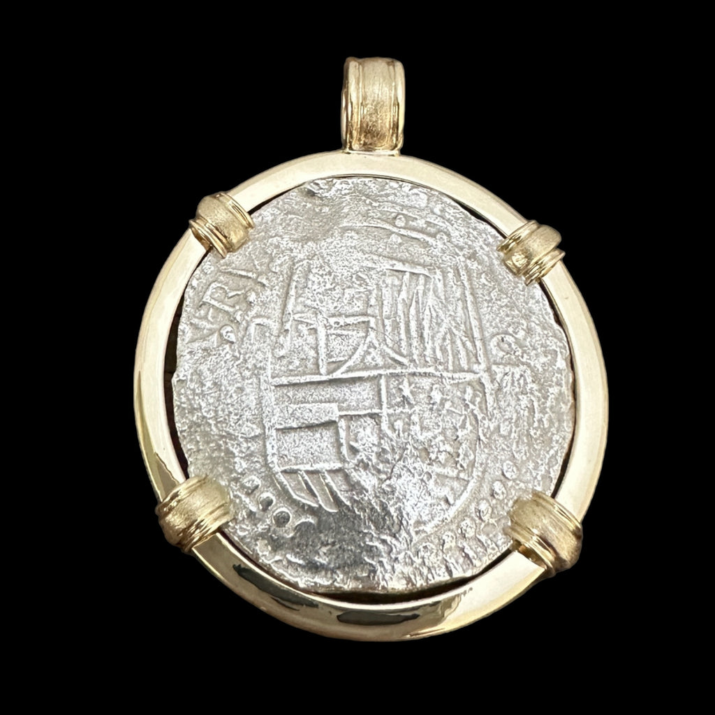 Authentic Atocha Silver, Grade 2, 8 Reales with date in 14k gold mount