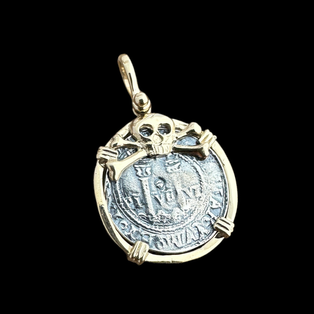 Atocha Re-creation Coin Pendant in 14K Gold Mount with Skull and Crossbones