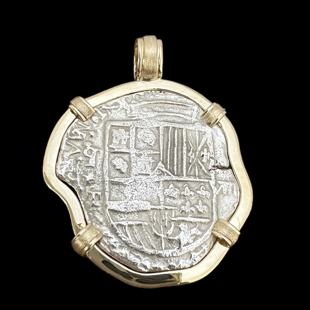 Authentic Atocha Silver, Grade 2, 8 Reales with partial date in 14k gold mount