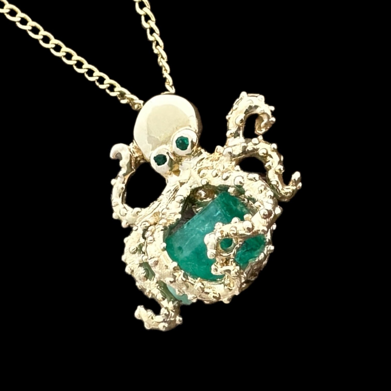 Large Uncut Colombian Emerald 14K Gold Octopus Pendant | MFST