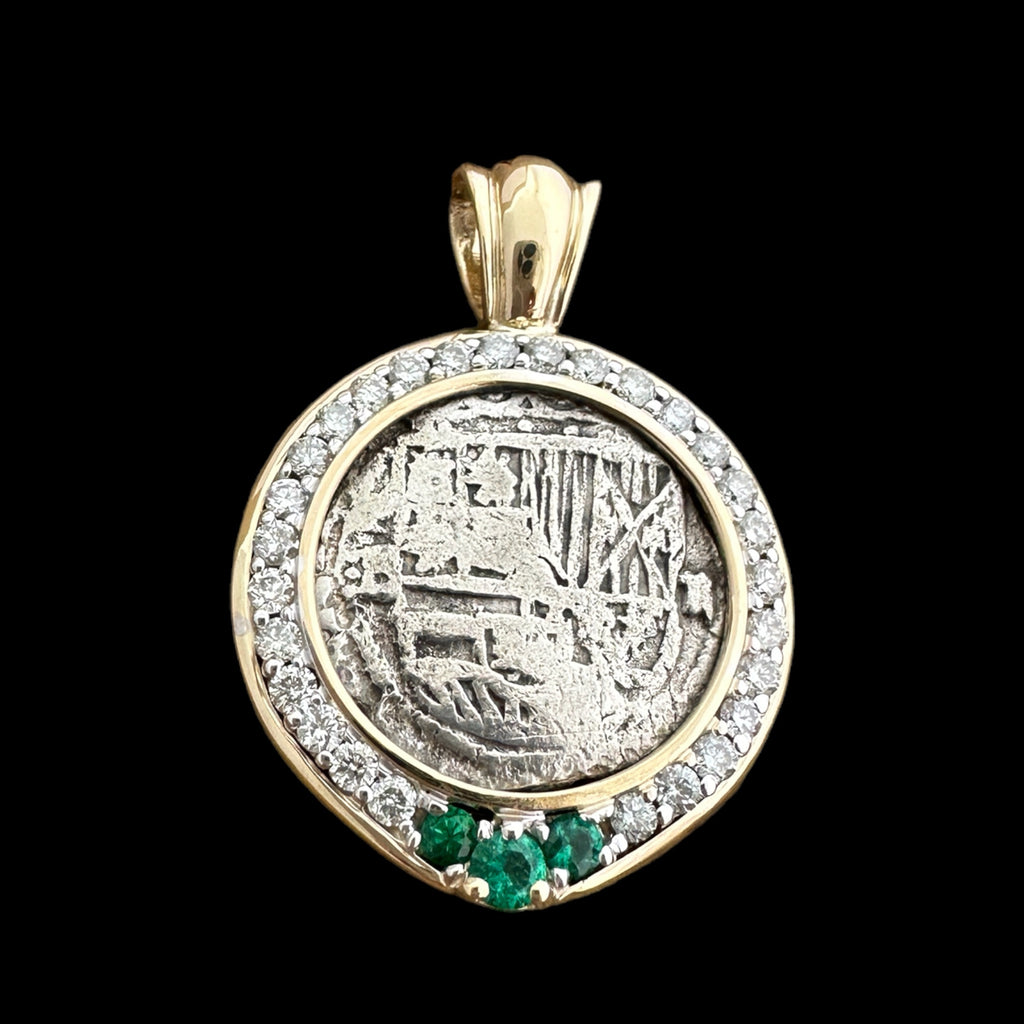 RARE Authentic Santa Margarita Grade 1, 2 Reales, in 14k gold mount with 1.96 CT diamonds and 0.38CT emeralds