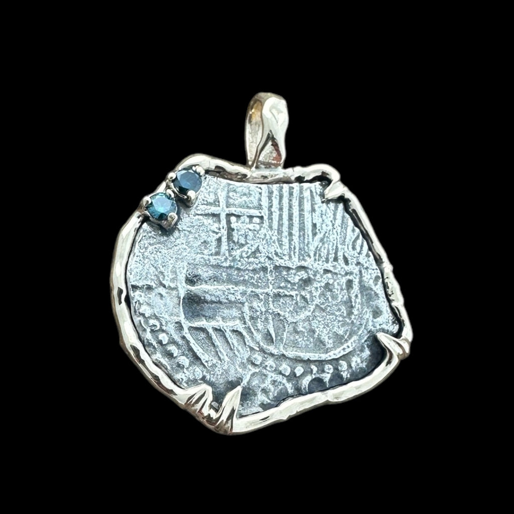 Atocha Shipwreck Coin Pendant in 14k with Blue Diamonds, Grade 3, 4 Reales #85A-169522