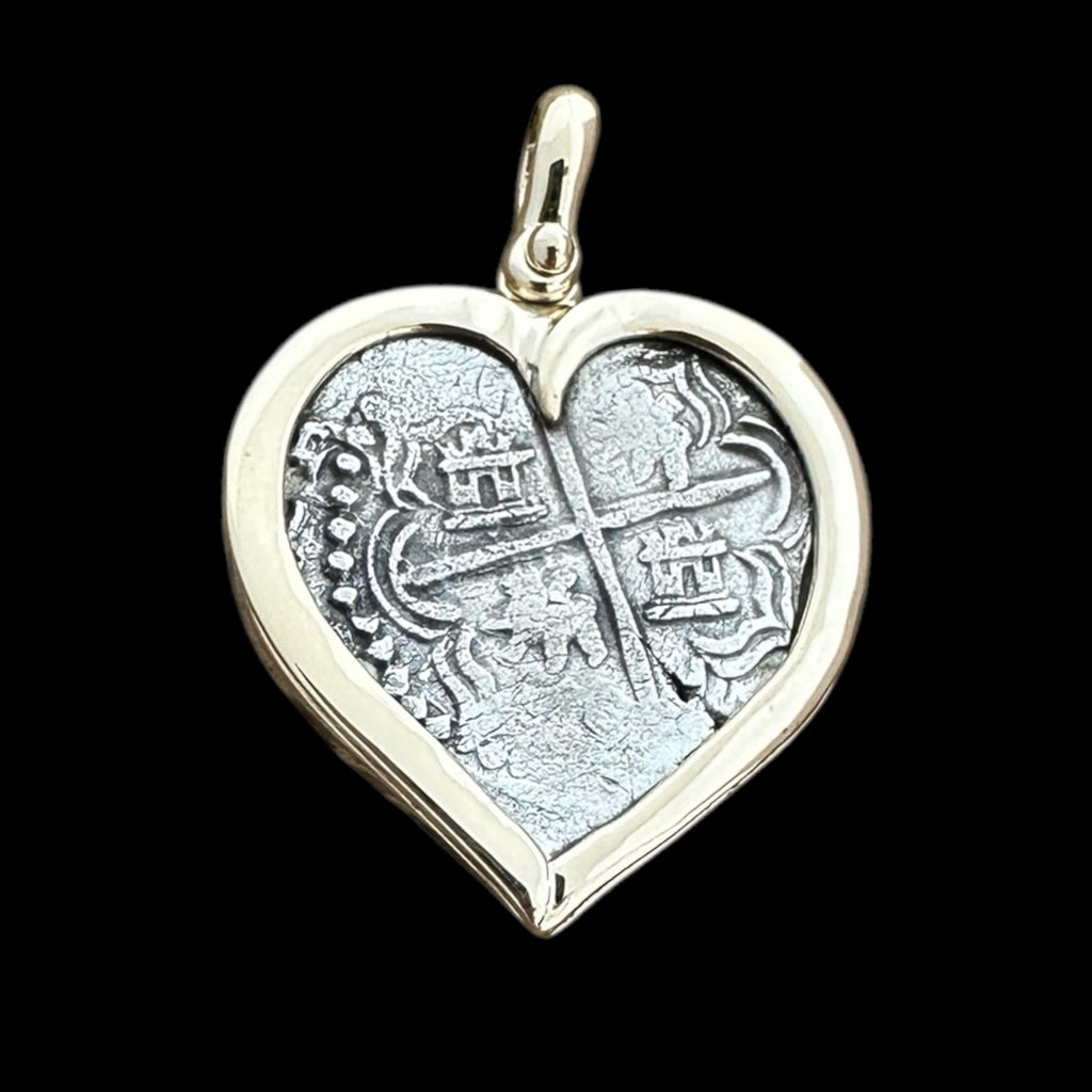 Atocha Shipwreck Coin Pendant in 14k gold heart shape setting, Grade 1, 2 Reales #85A-176620