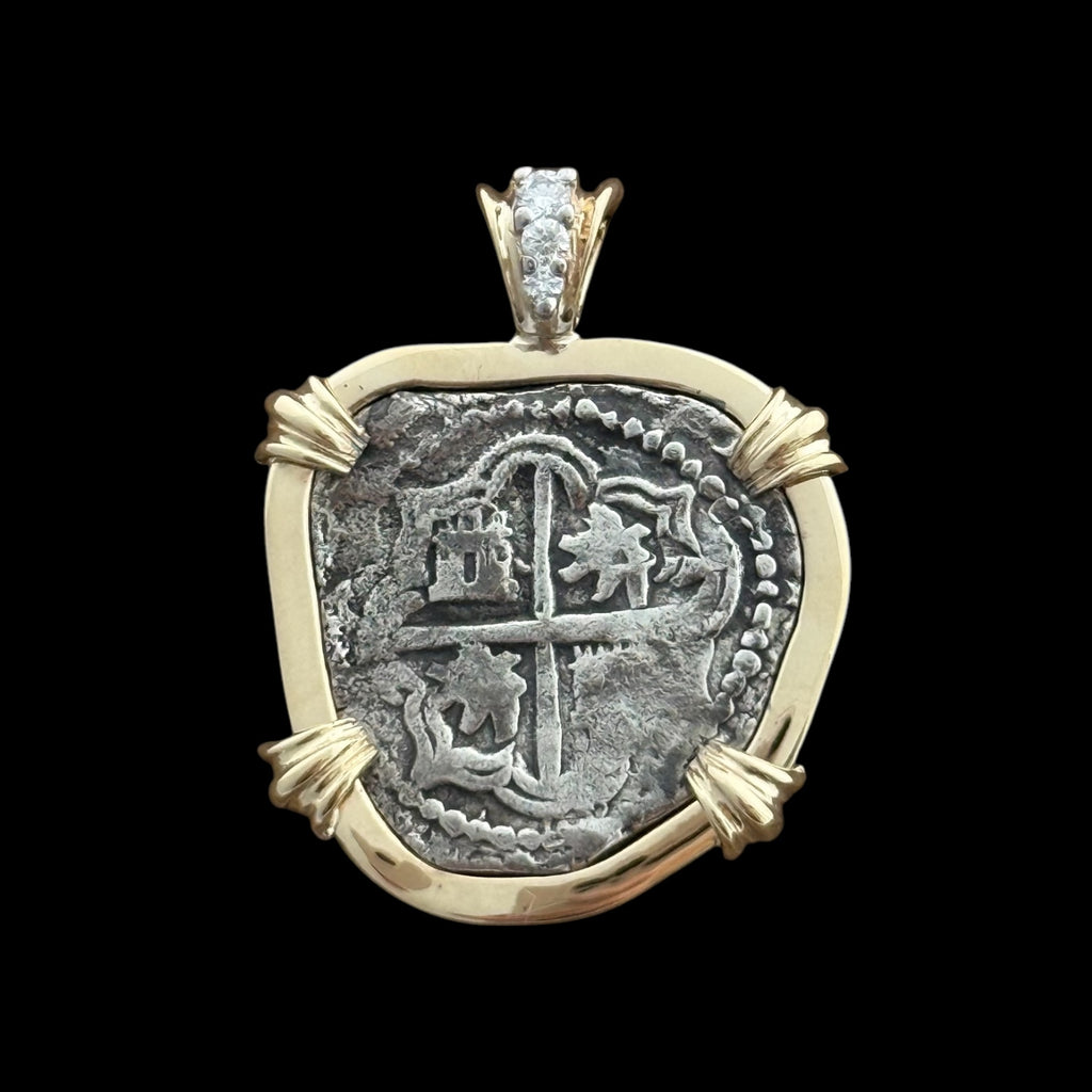 Atocha Shipwreck Coin Pendant in 14k with diamonds, Grade 1, 2 Reales #85A-185857