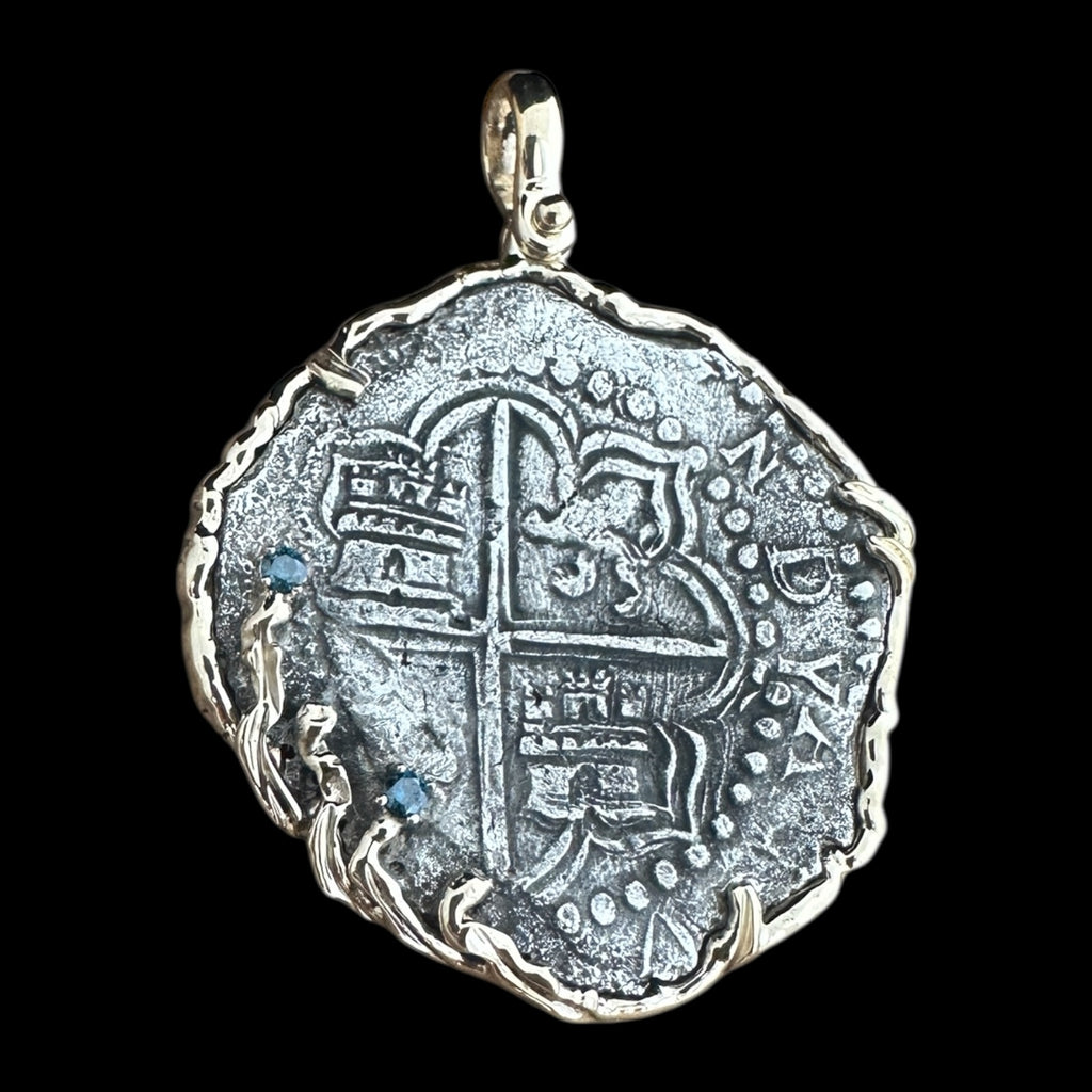 Atocha Shipwreck Coin Pendant in 14K Gold with blue diamonds, Grade 2, 8 Reales #85A-245894