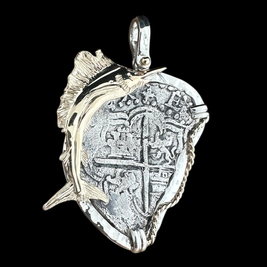 Atocha Shipwreck Coin Pendant in Silver and 14K with a sailfish, Grade 3, 8 Reales #85A-8363