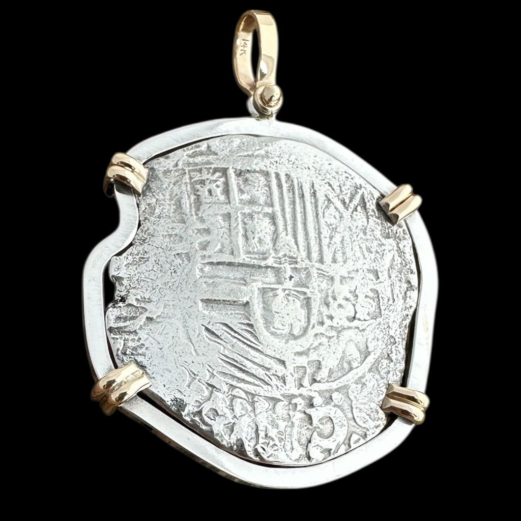 Atocha Shipwreck Coin Pendant in Silver and 14K, Grade 1, 8 Reales #85A-V1668