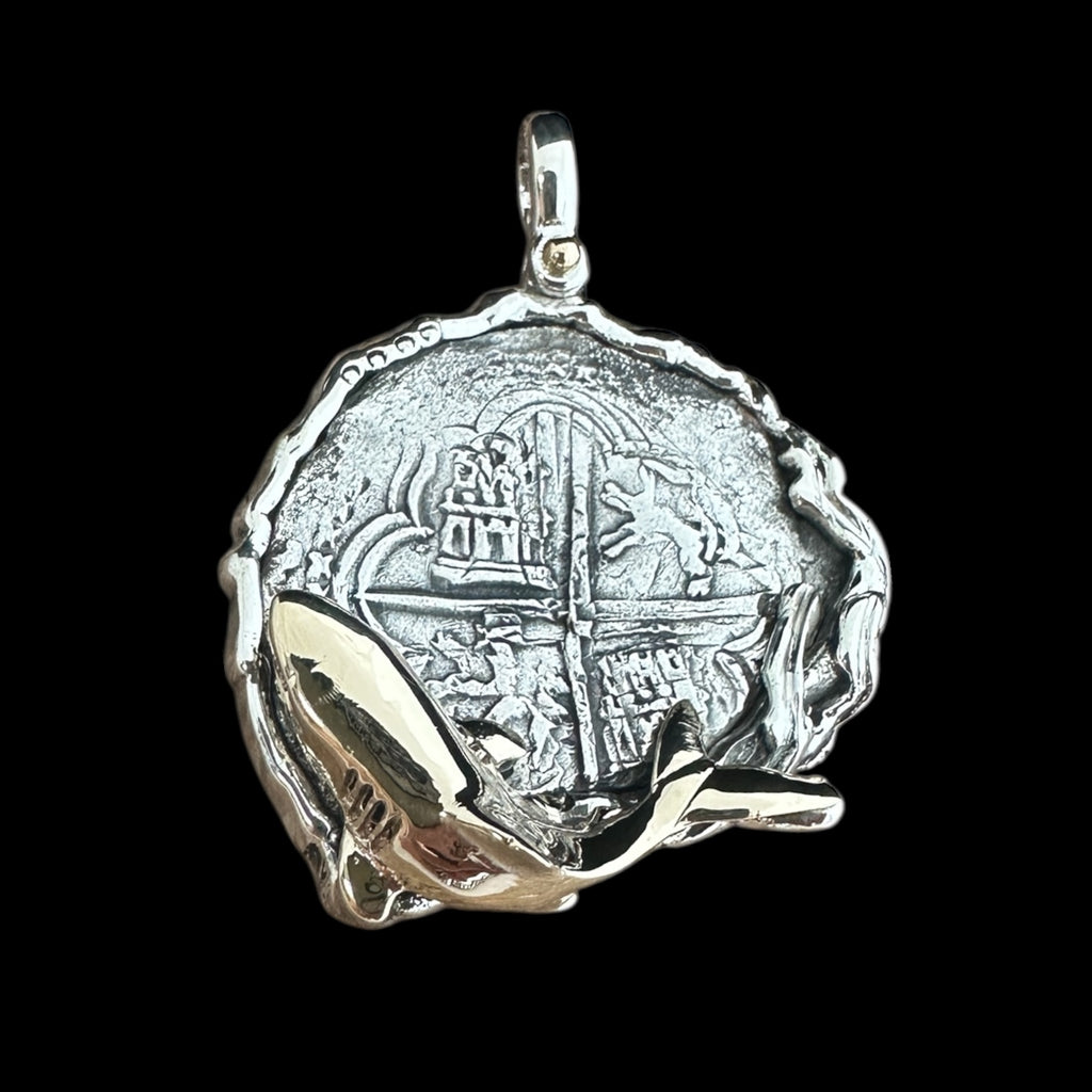 Atocha Shipwreck Coin Pendant in Silver and 14K Gold with a shark, Grade 2, 8 Reales #85A-V188