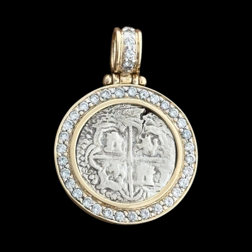 Authentic Atocha Grade 1, 2 Reales in 14k gold setting with 2.03 CT Diamonds, 95A-0493