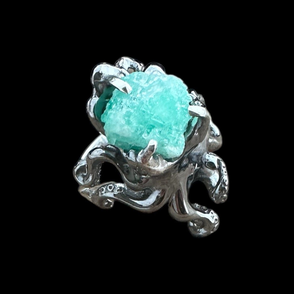 Authentic Atocha Emerald Set in a Silver Octopus Ring #95A-63017