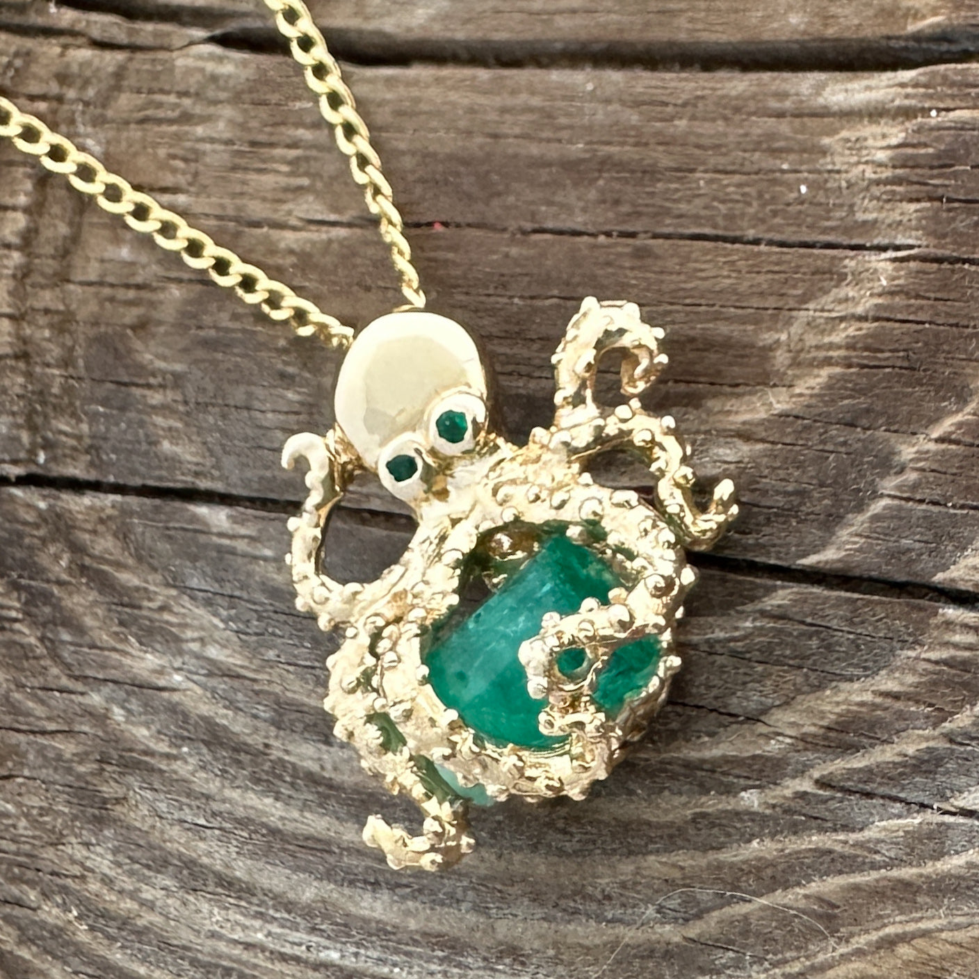 Large Uncut Colombian Emerald 14K Gold Octopus Pendant | MFST