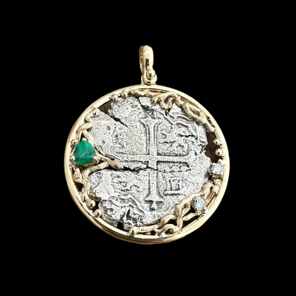 Authentic Atocha Grade 3, 4 Reales in 14K Gold Mount with Emerald and diamond
