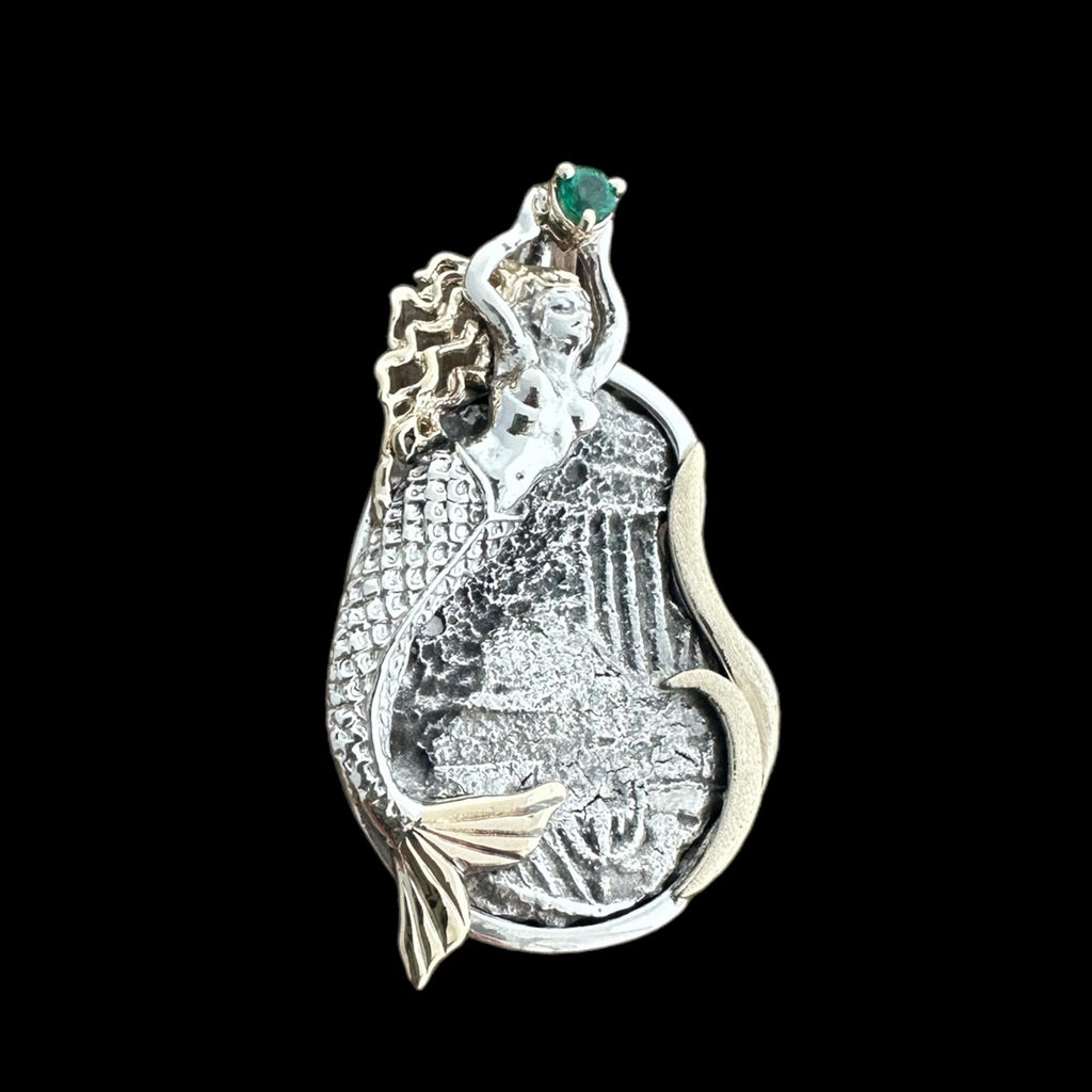 Authentic Santa Atocha Grade 4, 8 Reales in SS/14K Mermaid Mount with 0.20CT Emerald