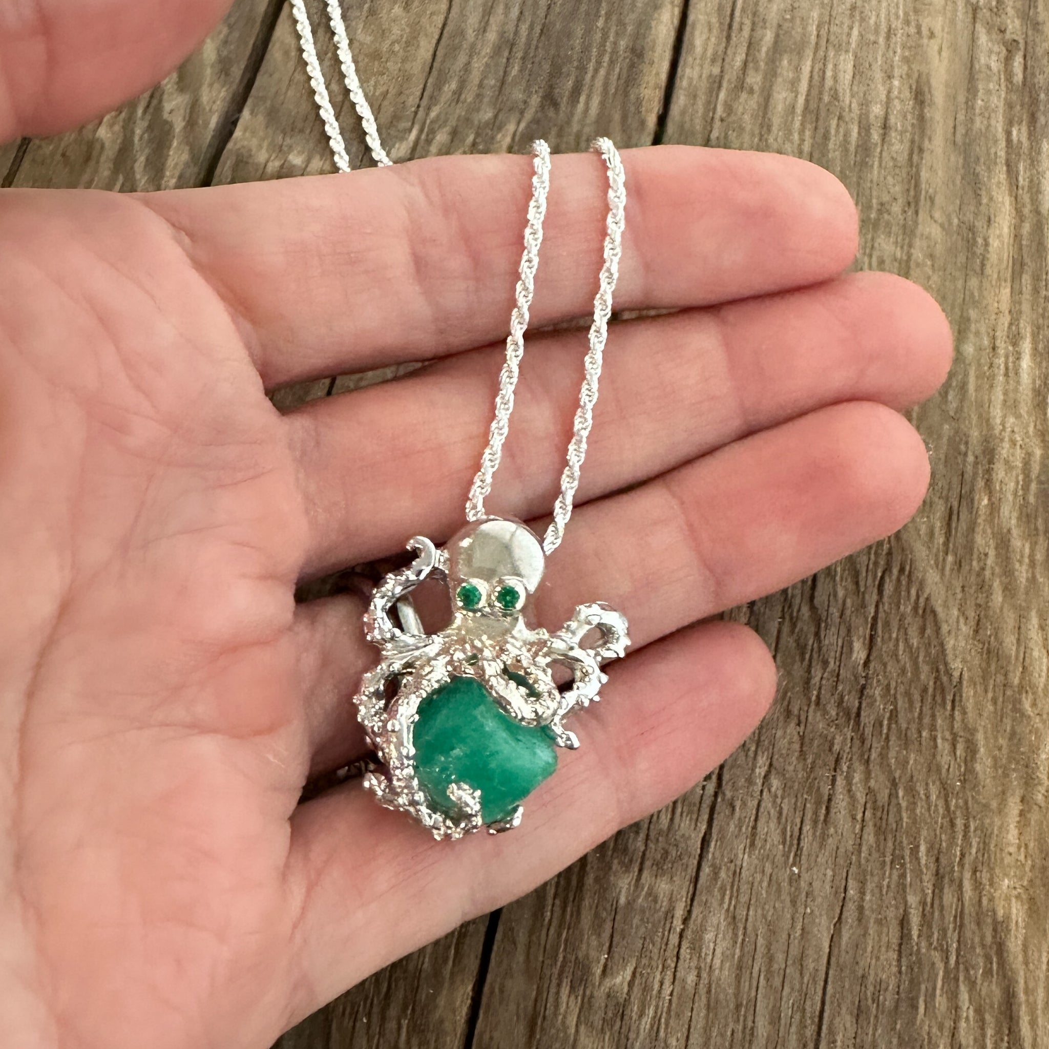 Large Uncut Colombian Emerald Sterling Silver Octopus Pendant | MFST