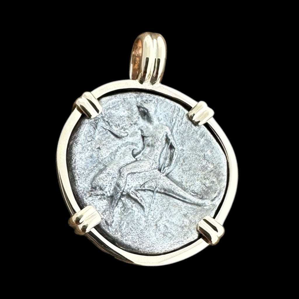 Ancient Coin Set in 14K, Calabria Didrachm - Boy on Dolphin #BYDOLPH-MNTDL26B