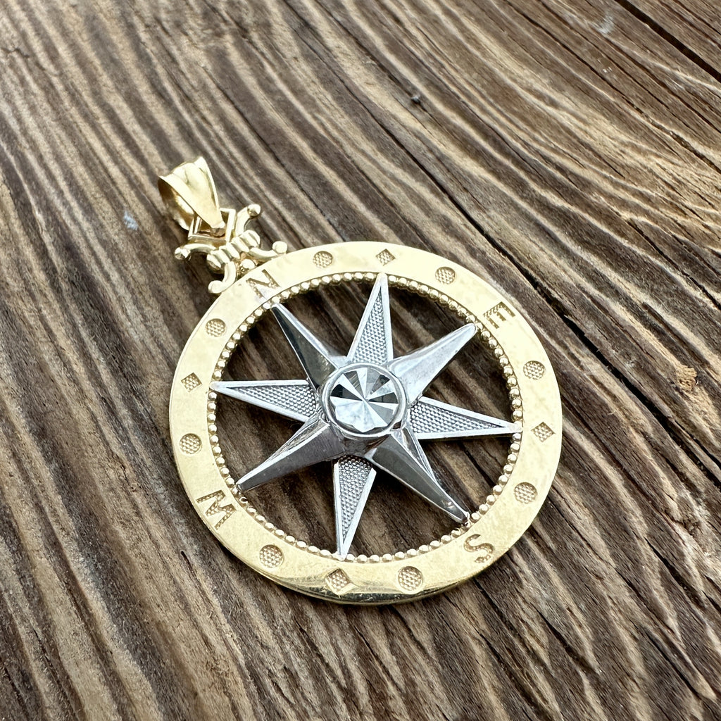 14k 18k gold men's circle compass pendant necklace 1