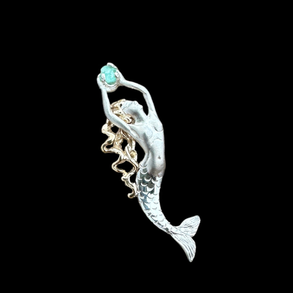 Authentic Atocha Emerald Mounted in SS/14K Gold Mermaid Pendant