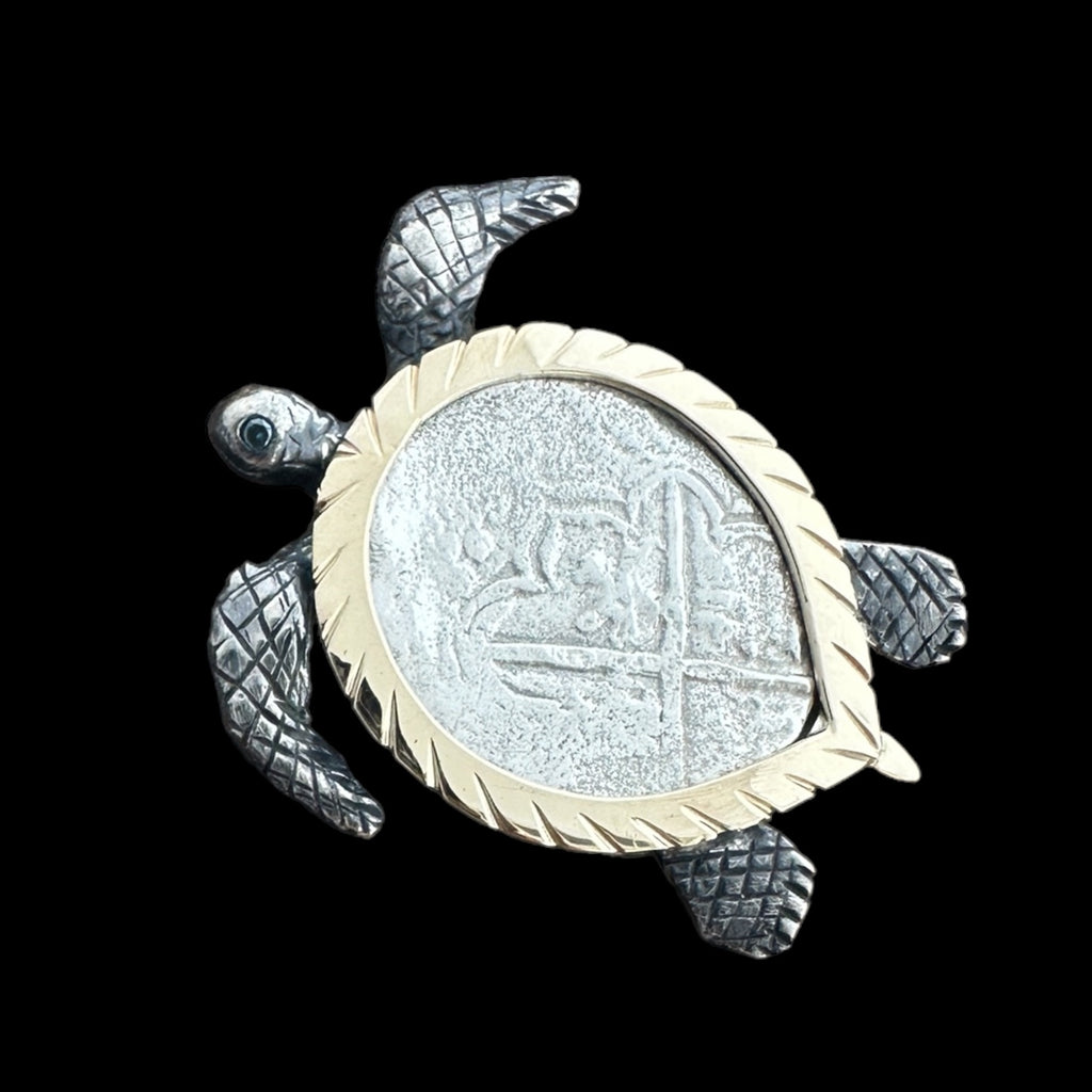 Authentic Atocha Grade 2, 4 Reales in 14K/SS Turtle Mount