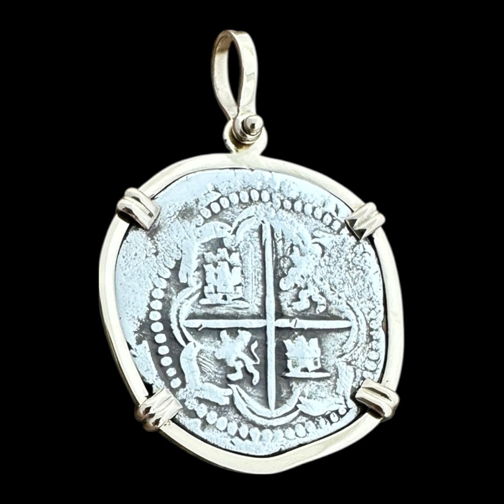 Authentic 2 Reales Land Cob set in 14K Gold Mount 