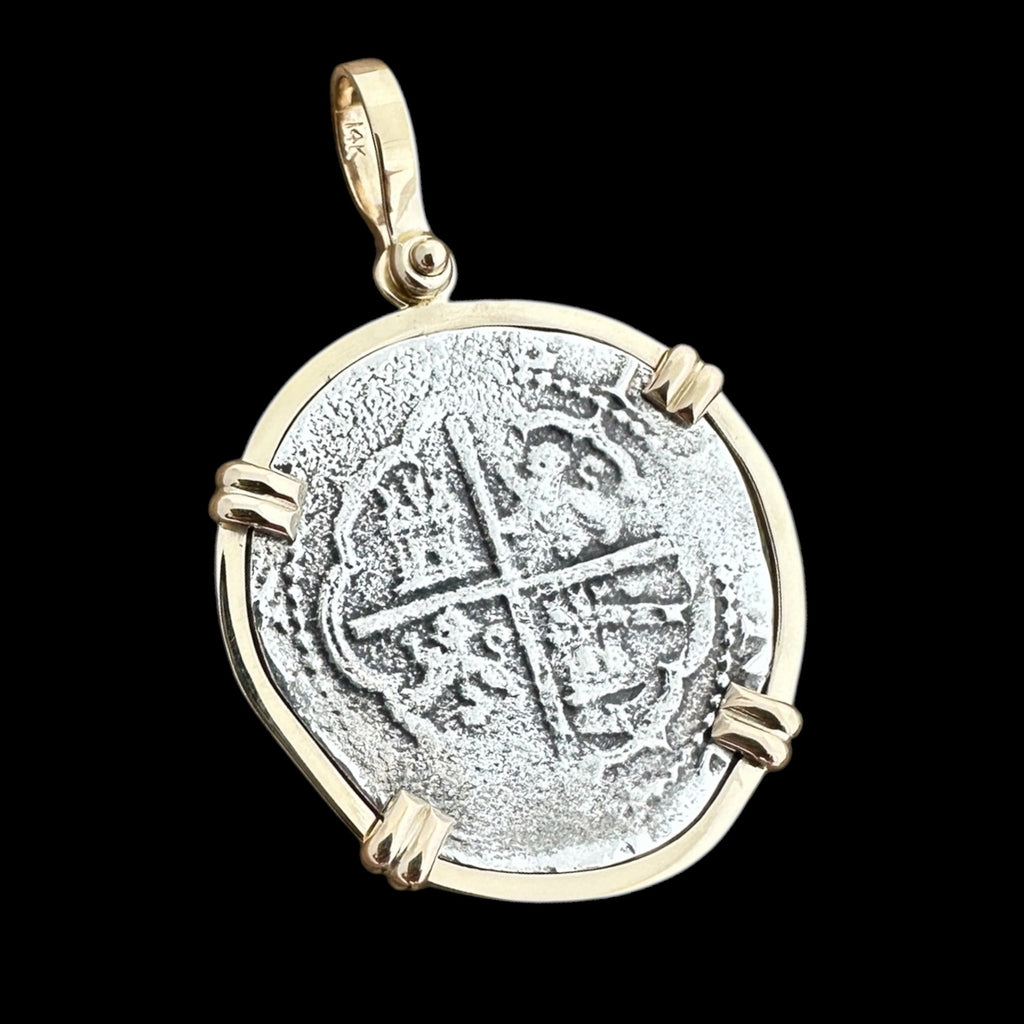 Authentic 2 Reales Land Cob set in 14K Gold Mount #COB2R-JJ-MNT226B