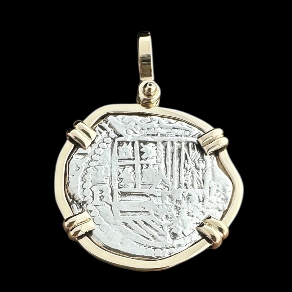 Authentic 2 Reales Land Cob set in 14K Gold Mount #COB2R-JJ-MNT228B