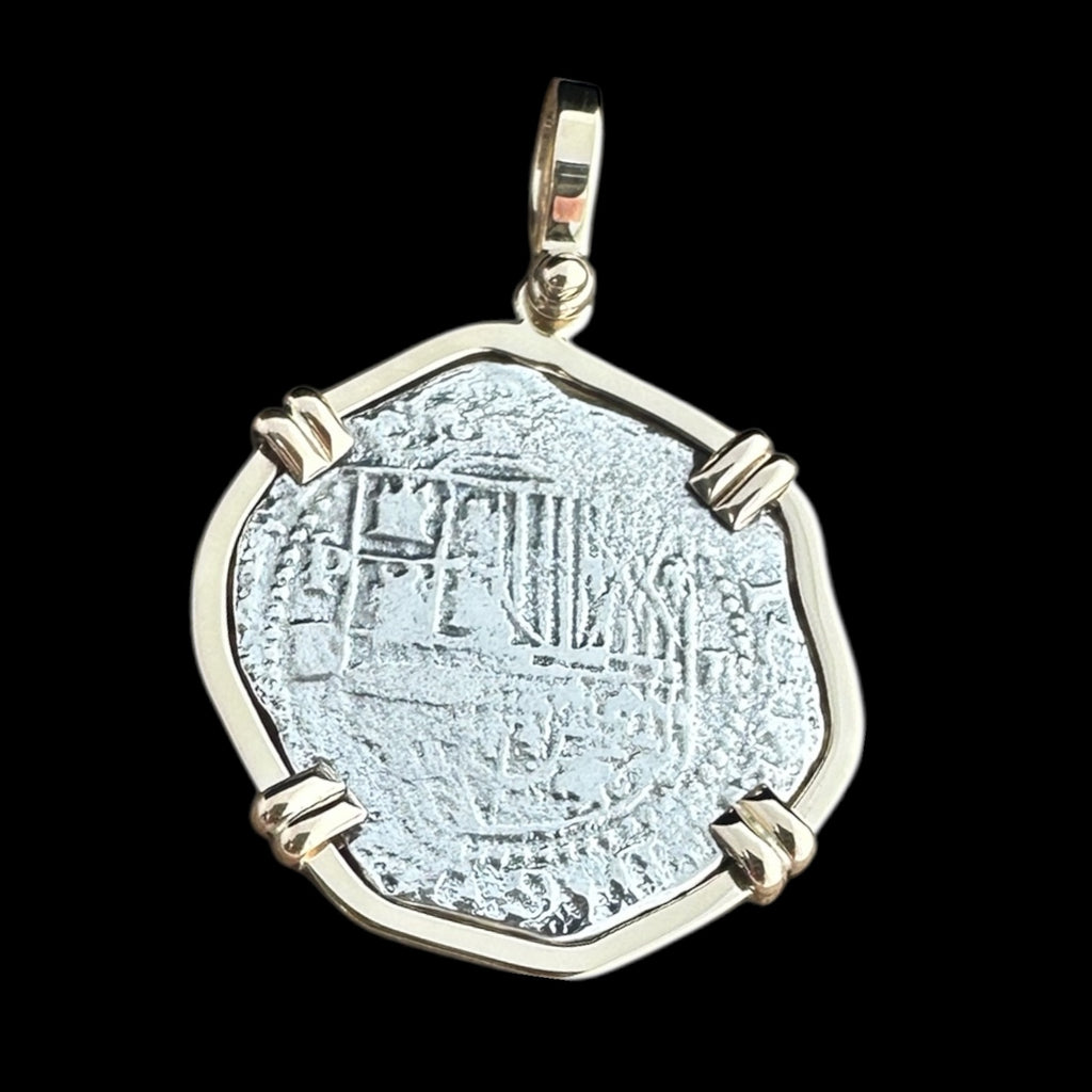 Authentic 2 Reales Land Cob set in 14K Gold Mount #COB2R-JJ-MNT229B