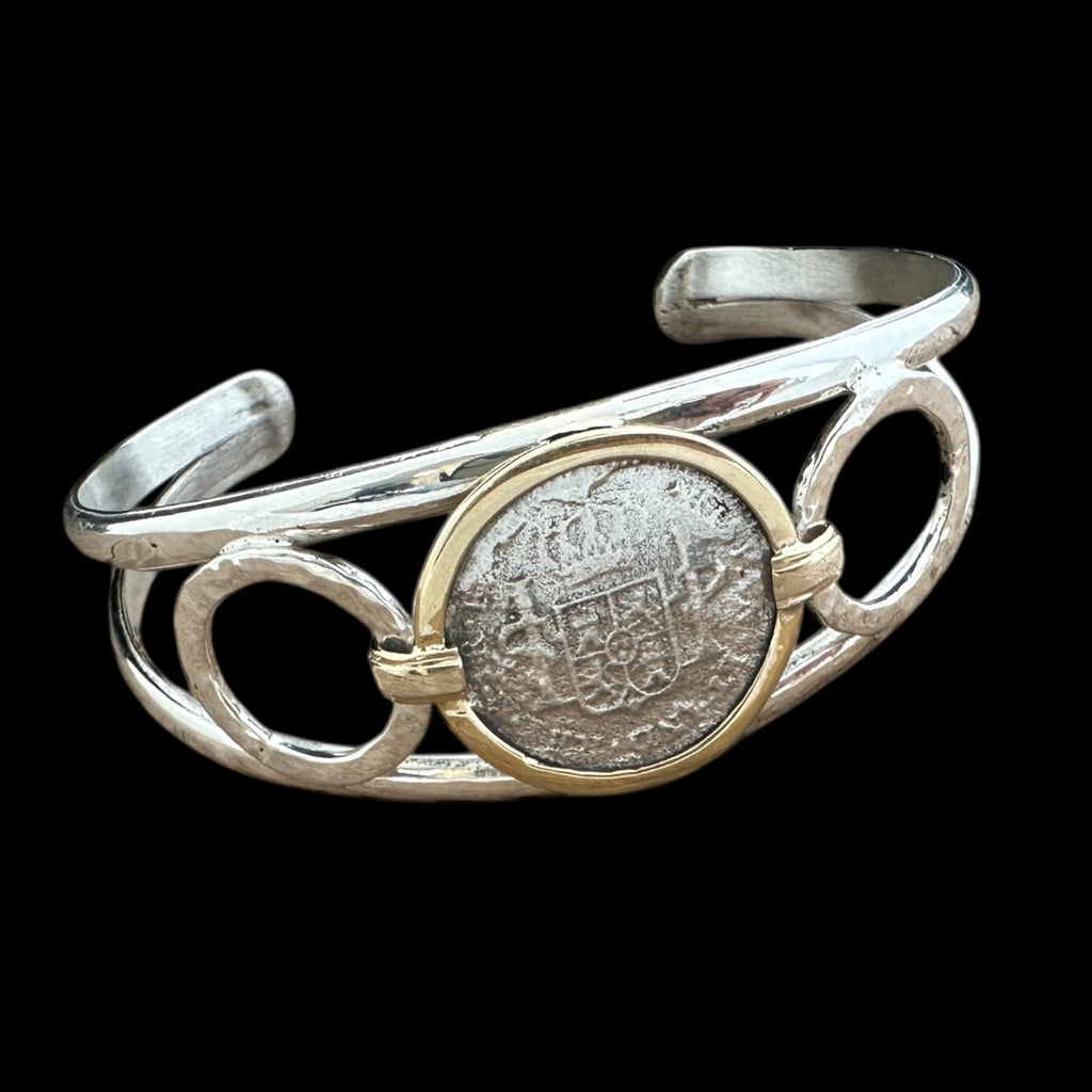 El Cazador Shipwreck Coin Pendant in Silver and 14K Gold Bracelet, 1 Real #EC-28389