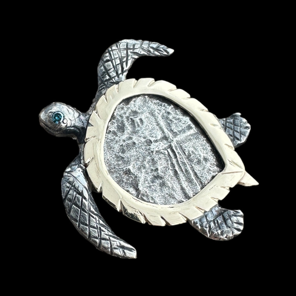 Authentic Atocha Grade 3, 4 Reales in 14K Gold and Sterling Silver Turtle Mount