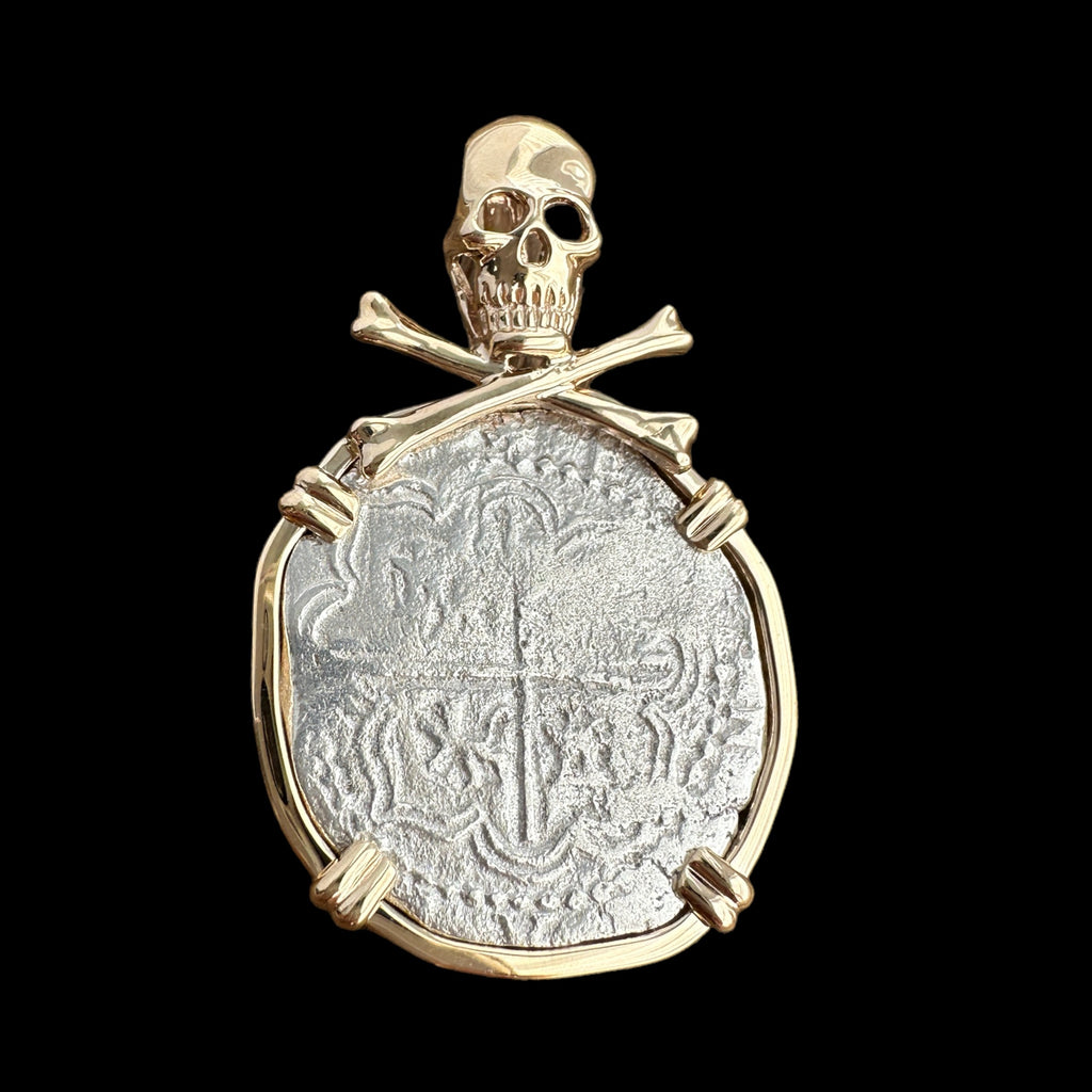Authentic Atocha Grade 1, 4 Reales in 14K Gold Skull and Crossbones Mount
