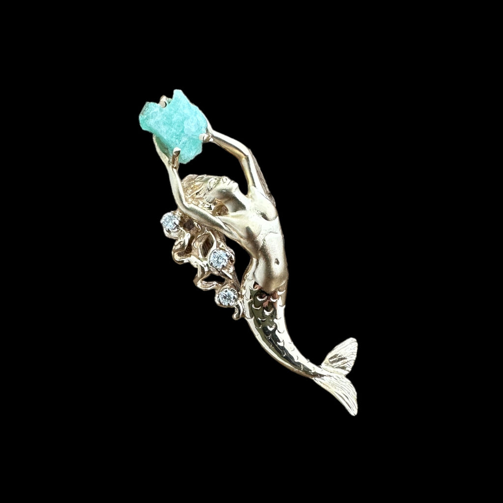 Authentic Atocha Emerald Mounted in 14K Gold Mermaid Pendant with Diamonds