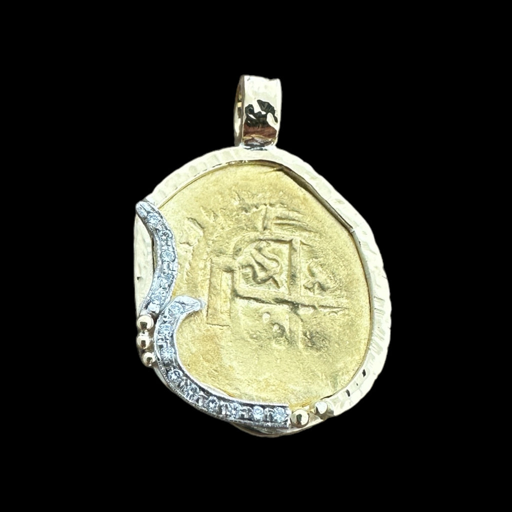 Authentic 1715 Fleet 2 Escudos in 18k gold mount with 0.16CT diamonds