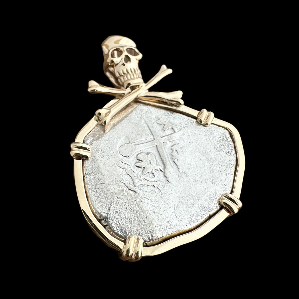 1715 Fleet 8 Reales Silver, Grade 1, in 14K Gold Skull and Crossbones Mount