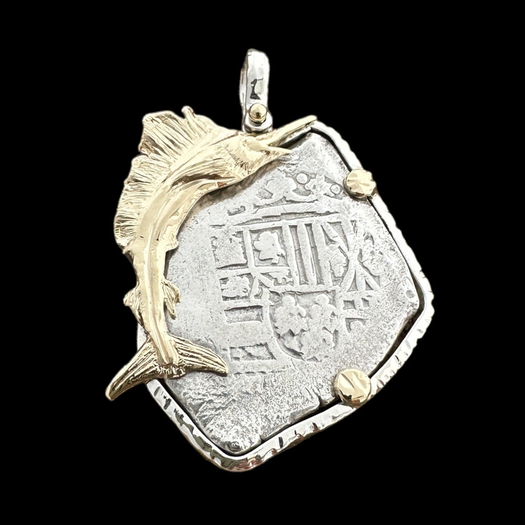 1715 Fleet 8 Reales Silver, Grade 1, in Sterling Silver Bezel with 14K Gold Sailfish and 14K Gold Prongs