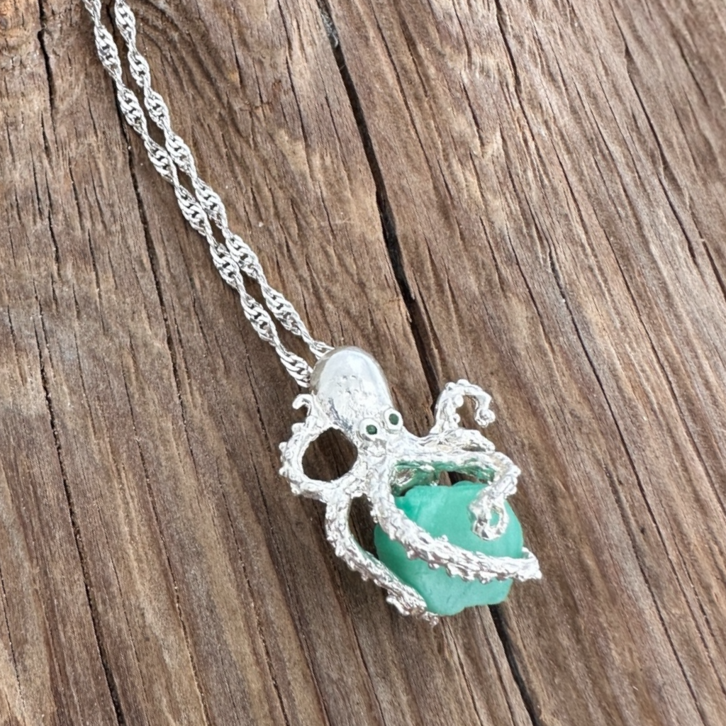 Medium Uncut Colombian Emerald Sterling Silver Octopus Pendant | MFST