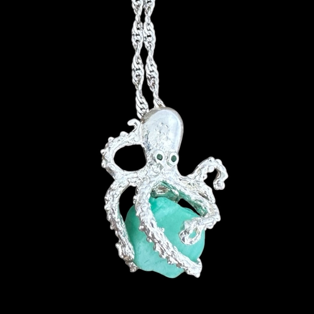 Medium Uncut Colombian Emerald Sterling Silver Octopus Pendant | MFST