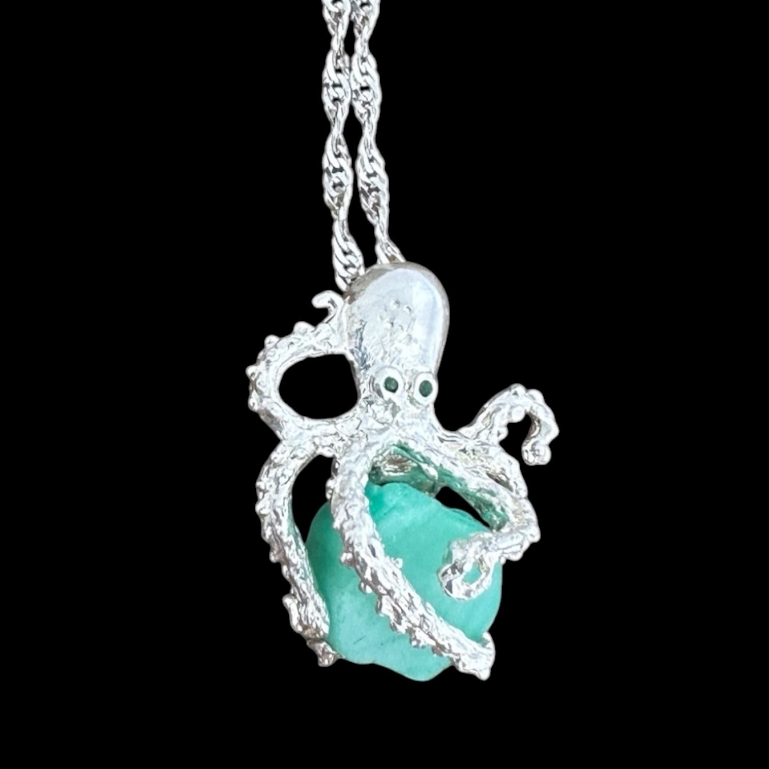 Medium Uncut Colombian Emerald Sterling Silver Octopus Pendant | MFST