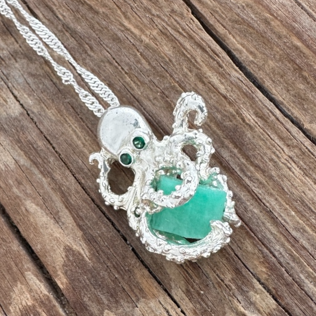 Large Uncut Colombian Emerald Sterling Silver Octopus Pendant | MFST