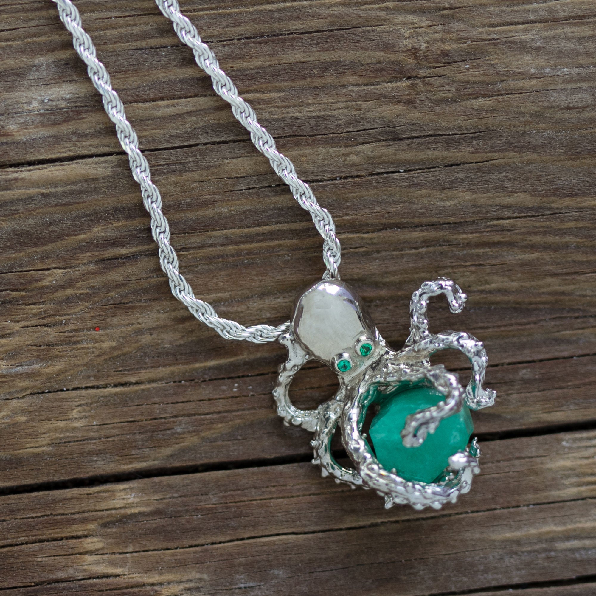Medium Uncut Colombian Emerald Sterling Silver Octopus Pendant | MFST