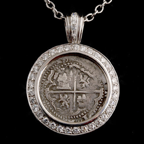 Authentic Atocha Grade 1, 2 Reales Coin Pendant in 14K White Gold with 2.08 Carat Diamond  Mount, Shipwreck Coin
